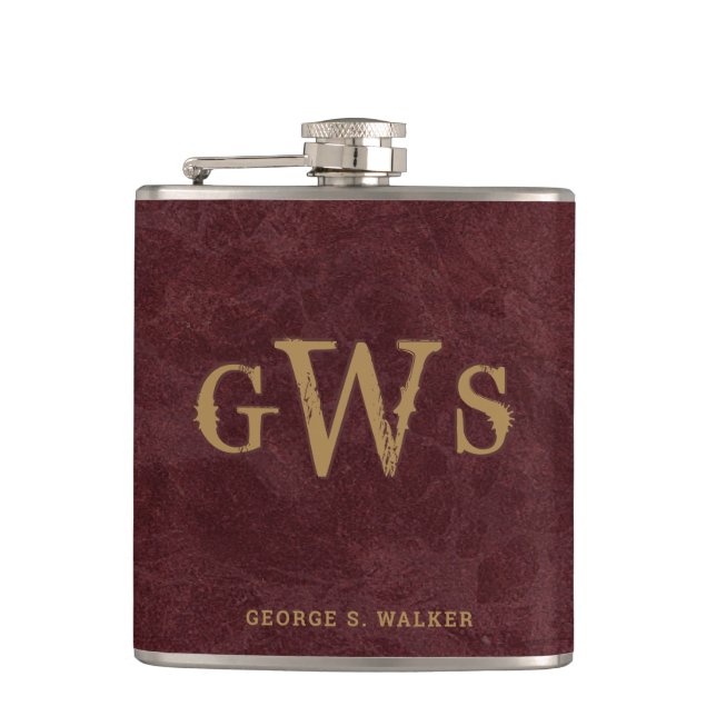 Men"s Rustic Western Monogram Faux Leather Red Flask (Front)