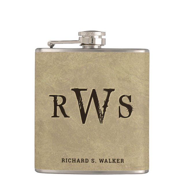 Men"s Western Monogram Faux Leather Buckskin Flask (Front)