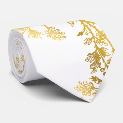 Mens White Gold Leaf Stems Suit Necktie