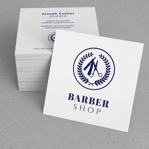 Men salon custom logo simple modern navy white square business card