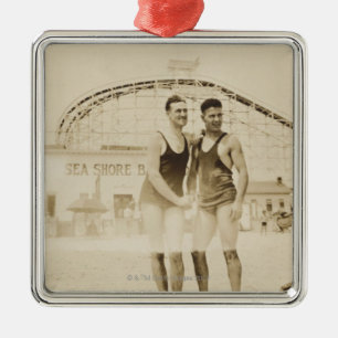 Men Standing on Beach Metal Ornament