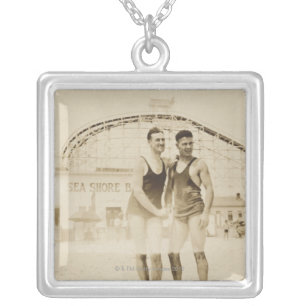 Men Standing on Beach Silver Plated Necklace