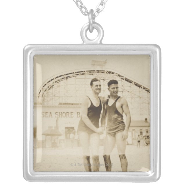 Men Standing on Beach Silver Plated Necklace (Front)