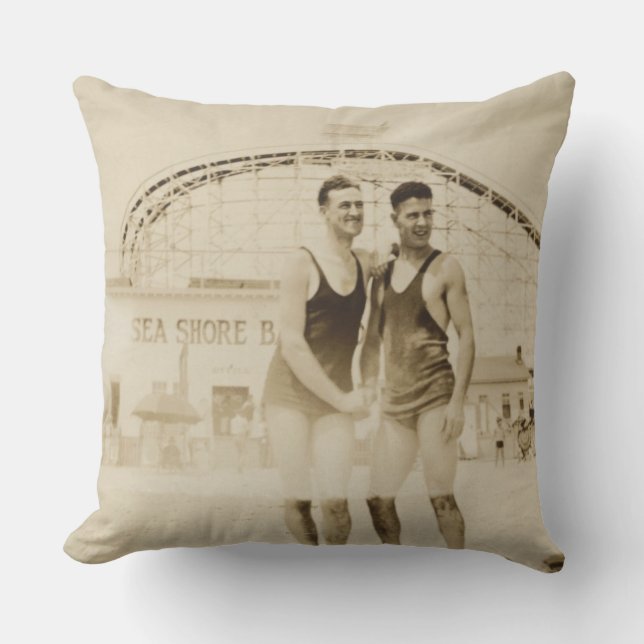 Men Standing on Beach Throw Pillow (Front)