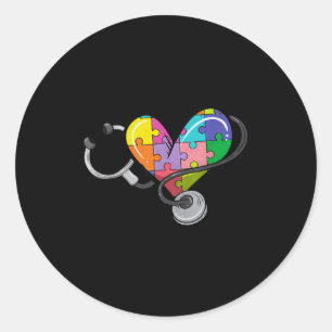 Men women stethoscope autism heart colorful puzzle classic round sticker