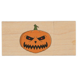 Menacing Jack O'Lantern Halloween Wood Flash Drive
