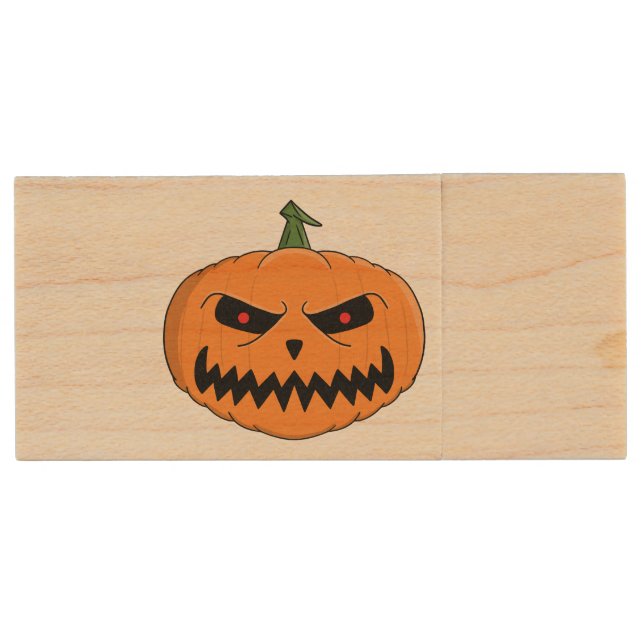 Menacing Jack O'Lantern Halloween Wood Flash Drive (Front)
