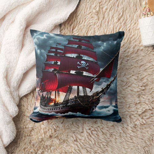 Menacing Pirate Ship Sailing Through Stormy Seas Throw Pillow