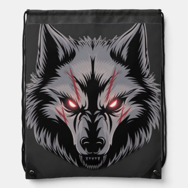 Menacing Wolf with Glowing Red Eyes Drawstring Bag (Front)