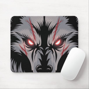 Menacing Wolf with Glowing Red Eyes Mouse Pad