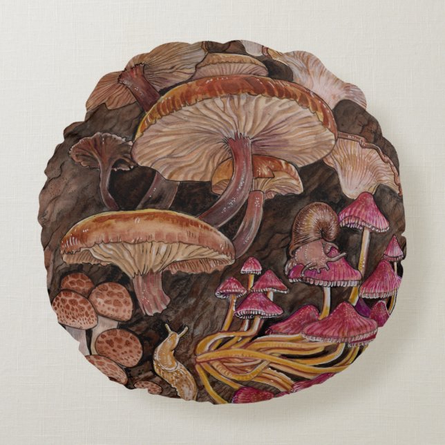 Menagerie of Mushrooms Round Pillow (Front)