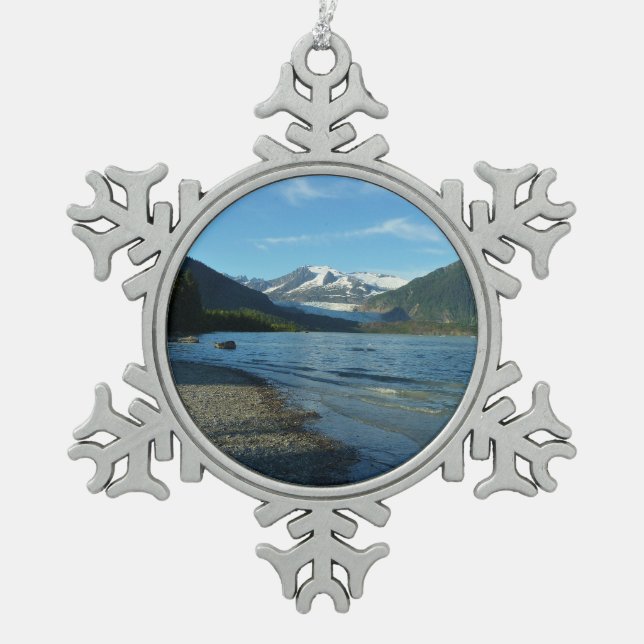 Mendenhall Lake in Juneau Alaska Landscape Snowflake Pewter Christmas Ornament (Front)