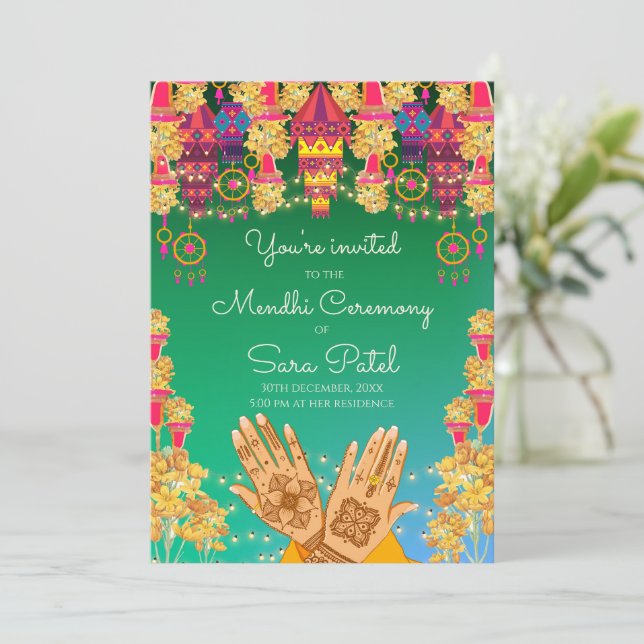 Mendhi Night invites & Henna party invitations (Standing Front)