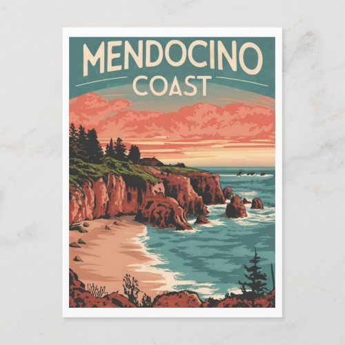 Mendocino Coast California Retro Watercolor Postcard