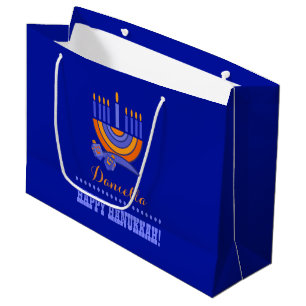 Menorah and Dreidels   Custom Name Hanukkah  Large Gift Bag
