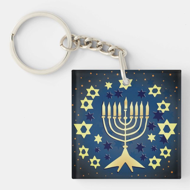 Menorah and Stars Blue and Green Keychain (Front)