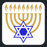 Menorah and the Star of David Square Sticker<br><div class="desc">Gold menorah with blue Star of David at center bottom</div>