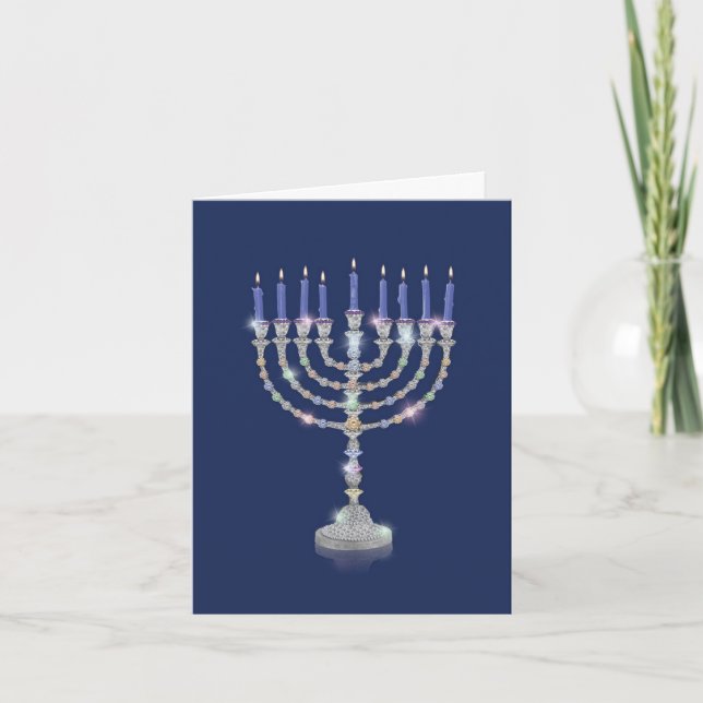Menorah Bling-Blue Candles - Chanukah Note Card (Front)