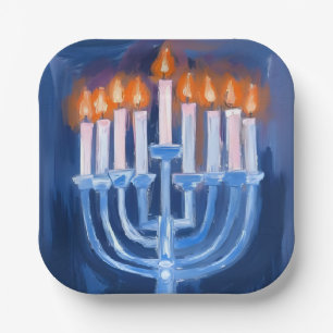 Menorah Blue Hanukkah Watercolor Holiday Paper Plates