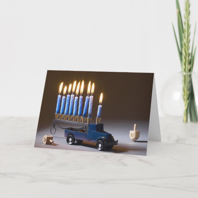 Menorah Blue Truck Chanukah Card (Front)