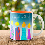 Menorah Candles Happy Hanukkah Script on Turquoise Two-Tone Coffee Mug<br><div class="desc">“Happy Hanukkah.” Here’s an easy way to get in the holiday mood each morning. Add extra sparkle to your day whenever you relax with your favorite beverage in this colorful, custom Hanukkah coffee mug. A playful, artsy illustration of blue menorah candles with colorful faux foil patterns and modern typography overlay...</div>