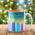 Menorah Candles Happy Hanukkah Script on Turquoise Two-Tone Coffee Mug<br><div class="desc">“Happy Hanukkah.” Here’s an easy way to get in the holiday mood each morning. Add extra sparkle to your day whenever you relax with your favorite beverage in this colorful, custom Hanukkah coffee mug. A playful, artsy illustration of blue menorah candles with colorful faux foil patterns and modern typography overlay...</div>