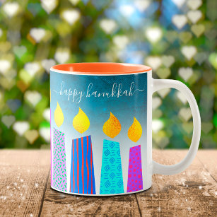 Menorah Candles Happy Hanukkah Script on Turquoise Two-Tone Coffee Mug