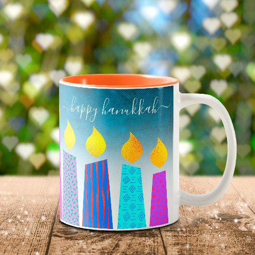 Menorah Candles Happy Hanukkah Script on Turquoise Two_Tone Coffee Mug