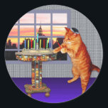 Menorah Cat Classic Round Sticker<br><div class="desc">So the cat is a redhead he’s an Ashkenazi!  And it's sundown so he's put on his kippah,  he's lighting the candles and saying the prayers,  and remembering that A Great Miracle Happened There.</div>