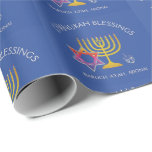 Menorah Dreidel | BARUCH ATAH ADONAI | Hanukkah Wrapping Paper<br><div class="desc">Stylish, elegant CHANUKAH BLESSINGS Wrapping Paper. Design shows a gold colored MENORAH with multicolored STAR OF DAVID and silver gray DREIDEL. At the top there is curved text which says CHANUKAH BLESSINGS and underneath the text reads BARUCH ATAH, ADONAI (Blessed are You, O God) . The background color is israeli...</div>