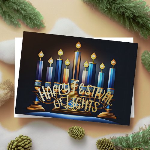 Menorah Festival of Lights Blue Abstract Drawing  Foil Holiday Card