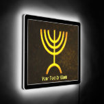 Menorah Flame LED Sign<br><div class="desc">A brown and gold digital rendering of the Jewish seven-branched menorah (Hebrew: מְנוֹרָה). Add your own text. The seven-branched menorah, used in the portable sanctuary set up by Moses in the wilderness and later in the Temple in Jerusalem, has been a symbol of Judaism since ancient times and is the...</div>