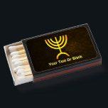 Menorah Flame Matchboxes<br><div class="desc">Personalized Shabbat matches. A brown and gold digital rendering of the Jewish seven-branched menorah (Hebrew: מְנוֹרָה‎). Add your own text. The seven-branched menorah, used in the portable sanctuary set up by Moses in the wilderness and later in the Temple in Jerusalem, has been a symbol of Judaism since ancient times...</div>