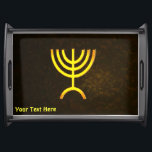 Menorah Flame Serving Tray<br><div class="desc">A brown and gold digital rendering of the Jewish seven-branched menorah (Hebrew: מְנוֹרָה‎). Customize by adding your own text. The seven-branched menorah, used in the portable sanctuary set up by Moses in the wilderness and later in the Temple in Jerusalem, has been a symbol of Judaism since ancient times and...</div>