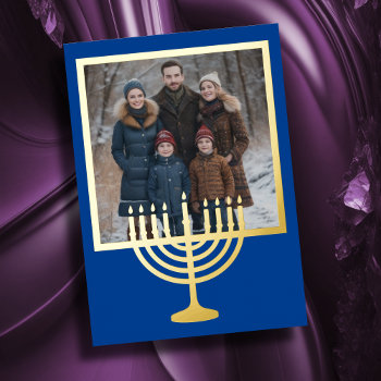 Menorah Frame And Your Photo Foil Holiday Card by TailoredType at Zazzle