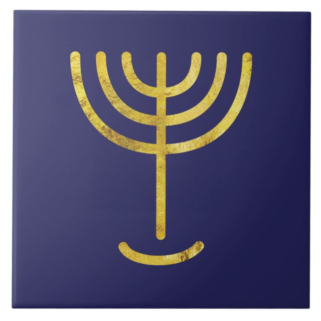 Menorah Gold-Look on Navy Ceramic Tile (Front)
