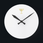Menorah Gold Round Clock<br><div class="desc">Menorah gold-look. Personalize by adding your own name. To make this your own design 'Click to Customize Further" … or 'Transfer this design' to print the same design onto a different product. Where does the Menorah come from? It comes from the Bible, in the book of Exodus, chapter 25 verse...</div>