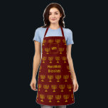 Menorah | HANUKKAH BLESSINGS | Monogram | Burgundy Apron<br><div class="desc">Stylish HANUKKAH Apron with faux gold MENORAH pattern against a deep red, burgundy background. In the middle there is a CUSTOMIZABLE text which reads HANUKKAH BLESSINGS in faux gold typography. At the top there is a CUSTOMIZABLE MONOGRAM, which you can replace with your own. Matching items available. Great gift for...</div>