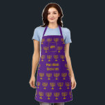 Menorah | HANUKKAH BLESSINGS | Monogram | Purple Apron<br><div class="desc">Stylish HANUKKAH Apron with faux gold MENORAH pattern against a royal purple background. In the middle there is a CUSTOMIZABLE text which reads HANUKKAH BLESSINGS in faux gold typography. At the top there is a CUSTOMIZABLE MONOGRAM, which you can replace with your own. Matching items available. Great gift for Hanukkah...</div>
