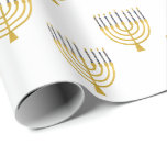 Menorah Hanukkah Blue Candles Drawing Holiday   Wrapping Paper<br><div class="desc">Faux gold foil menorah candles for your Hanukkah celebration on champagne colored background. Whimsical menorah illustration with white stars covered celestial candles on a faux gold menorah candle stand. Menorah elegant starry wedding Hanukkah illustrated design gifts and paper products.</div>