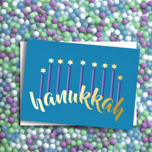 Menorah Hanukkah Candles Star of David Blue Foil Holiday Card