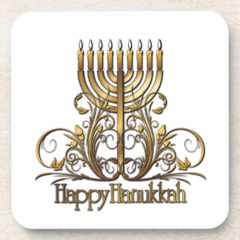 Menorah Hanukkah Greeting Beverage Coaster by ArtDivination at Zazzle