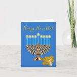 Menorah Hanukkah Holiday Card<br><div class="desc">Elegant Hanukkah greeting card done in blue,  with graphics of a lit up gold Menorah with blue candles and a pile of gelt coins. Personalize the greeting inside to read what you want.</div>