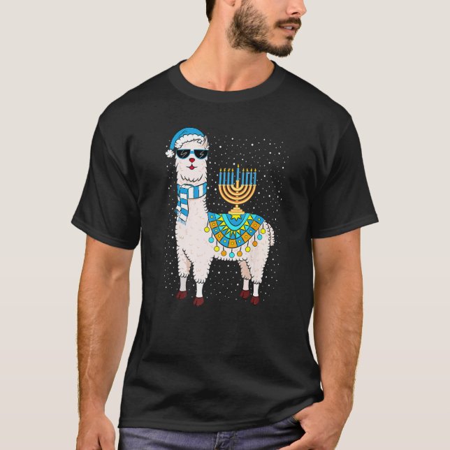 Menorah Hanukkah Llama Cute Alpaca Chanukah Premiu T-Shirt (Front)