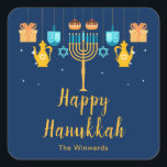 Menorah Hanukkah Party Sticker<br><div class="desc">Hanukkah party sticker with a menorah and sufganiyots. The words can be changed to suit your own details or requirements</div>