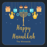 Menorah Hanukkah Party Sticker<br><div class="desc">Hanukkah party sticker with a menorah and sufganiyots. The words can be changed to suit your own details or requirements</div>