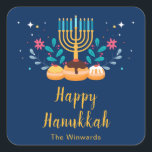 Menorah Hanukkah Party Sticker<br><div class="desc">Hanukkah party sticker with a menorah and sufganiyots. The words can be changed to suit your own details or requirements</div>