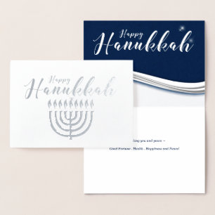 Menorah in Blue and Silver Modern Hanukkah Foil Card