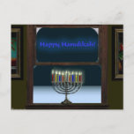 Menorah In The Window Postcard<br><div class="desc">A depiction of a traditional Chanukkah menorah in a window.  The menorah is reflected in the window,  there's frost on the glass,  and snow outside.</div>