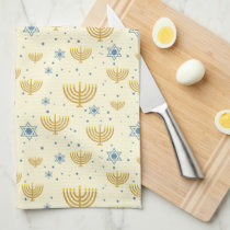 Menorah Pattern Hanukkah Gold &amp; Navy Blue Kitchen Towel